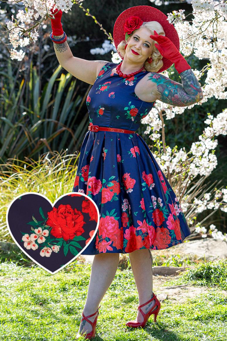 Annie Retro Swing Dress in Purple with Raising Rose Print