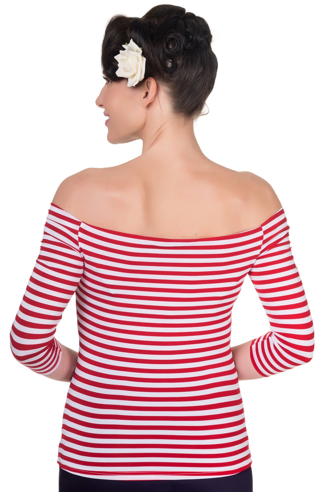 Gloria Off Shoulder Retro Striped Top in Red