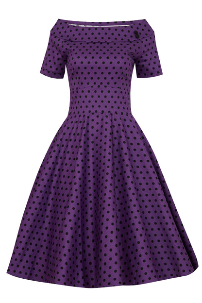 Darlene Retro Polka Dot Swing Dress in Purple