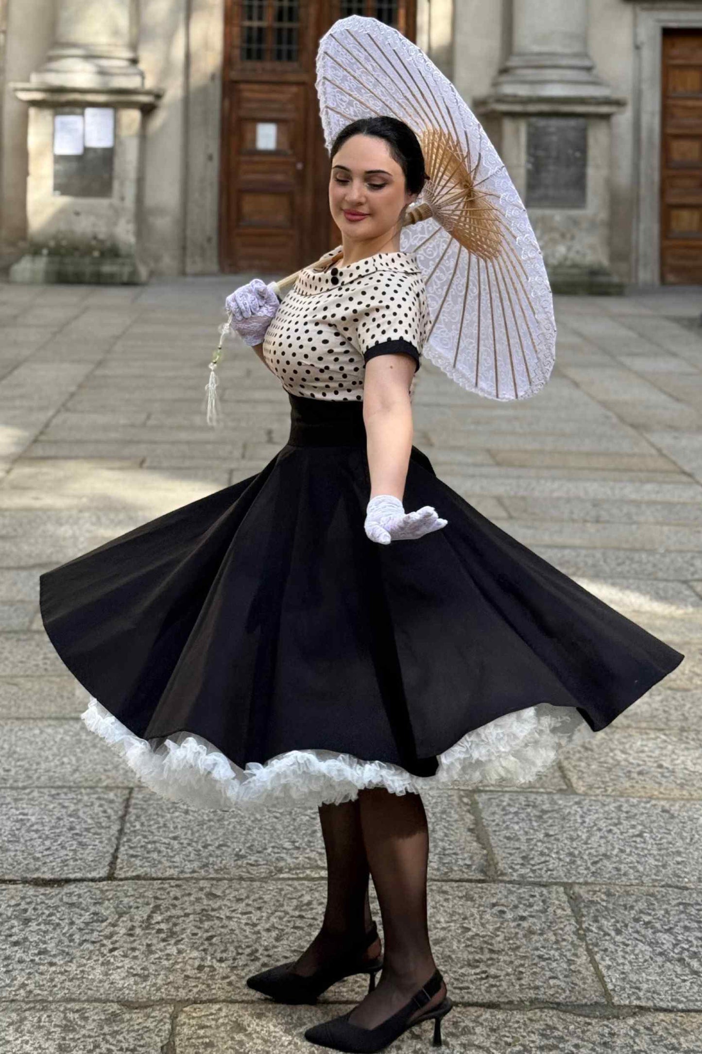 Darlene Retro Polka Swing Dress in Beige-Black