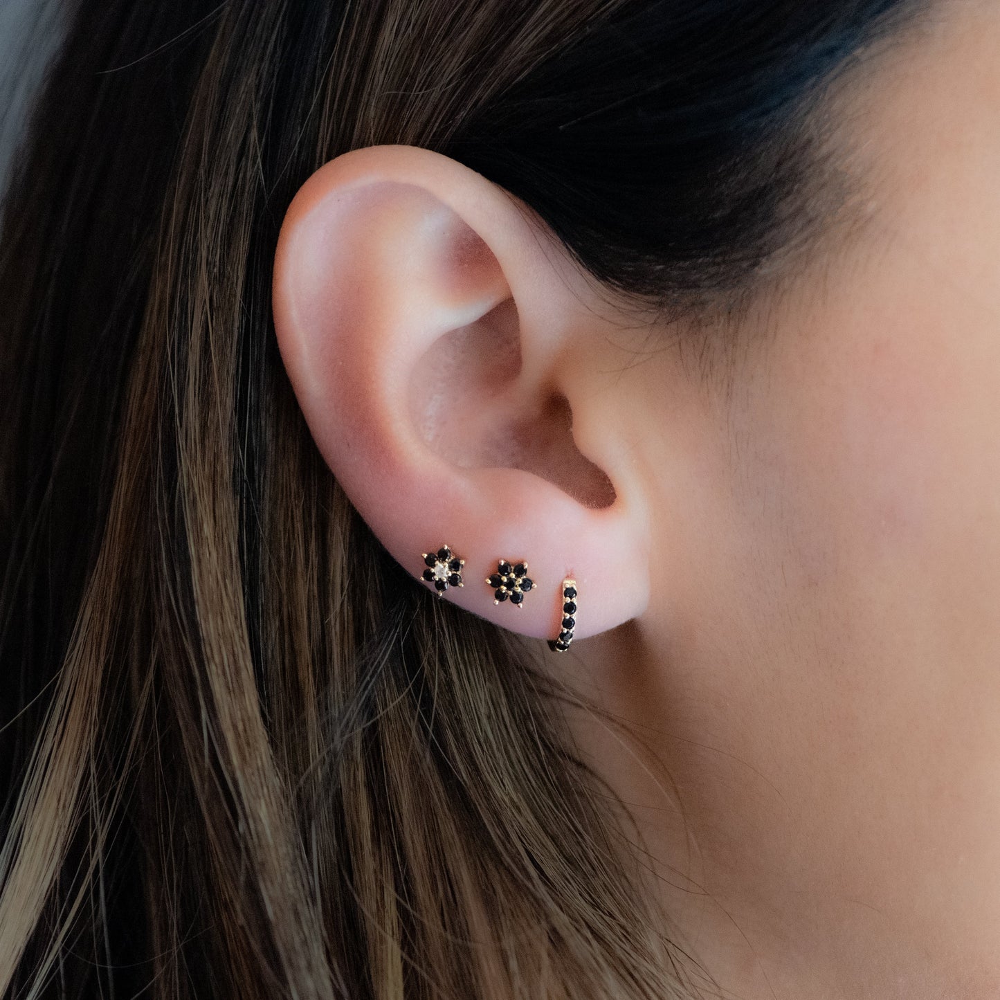 Black Flower Stud w/ CZ Center Stone