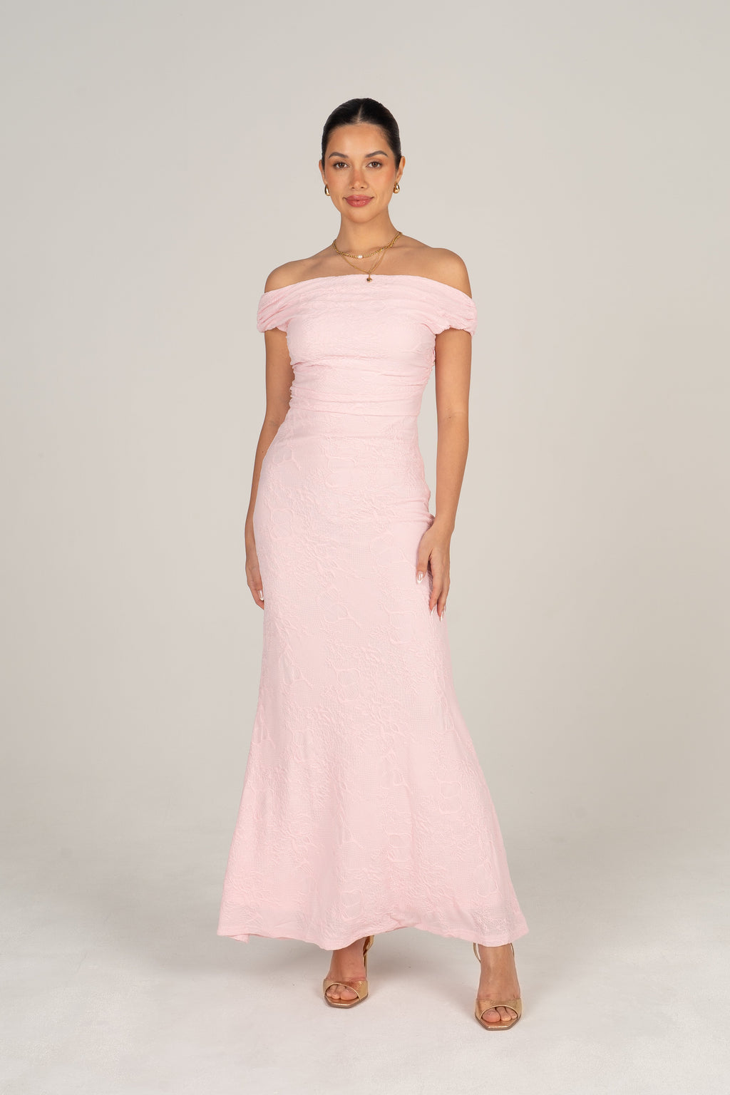 Teagan Off-Shoulder Pink Lace Midi