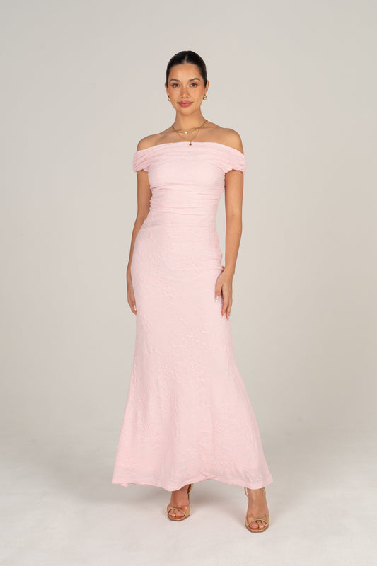 Teagan Off-Shoulder Pink Lace Midi