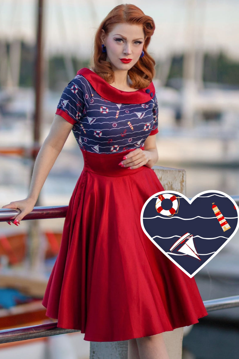 Darlene Nautical Navy Blue & Burgundy Swing Dress