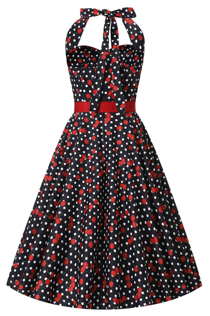 Daisy Rockabilly Cherry Halter Dress in Black/Red