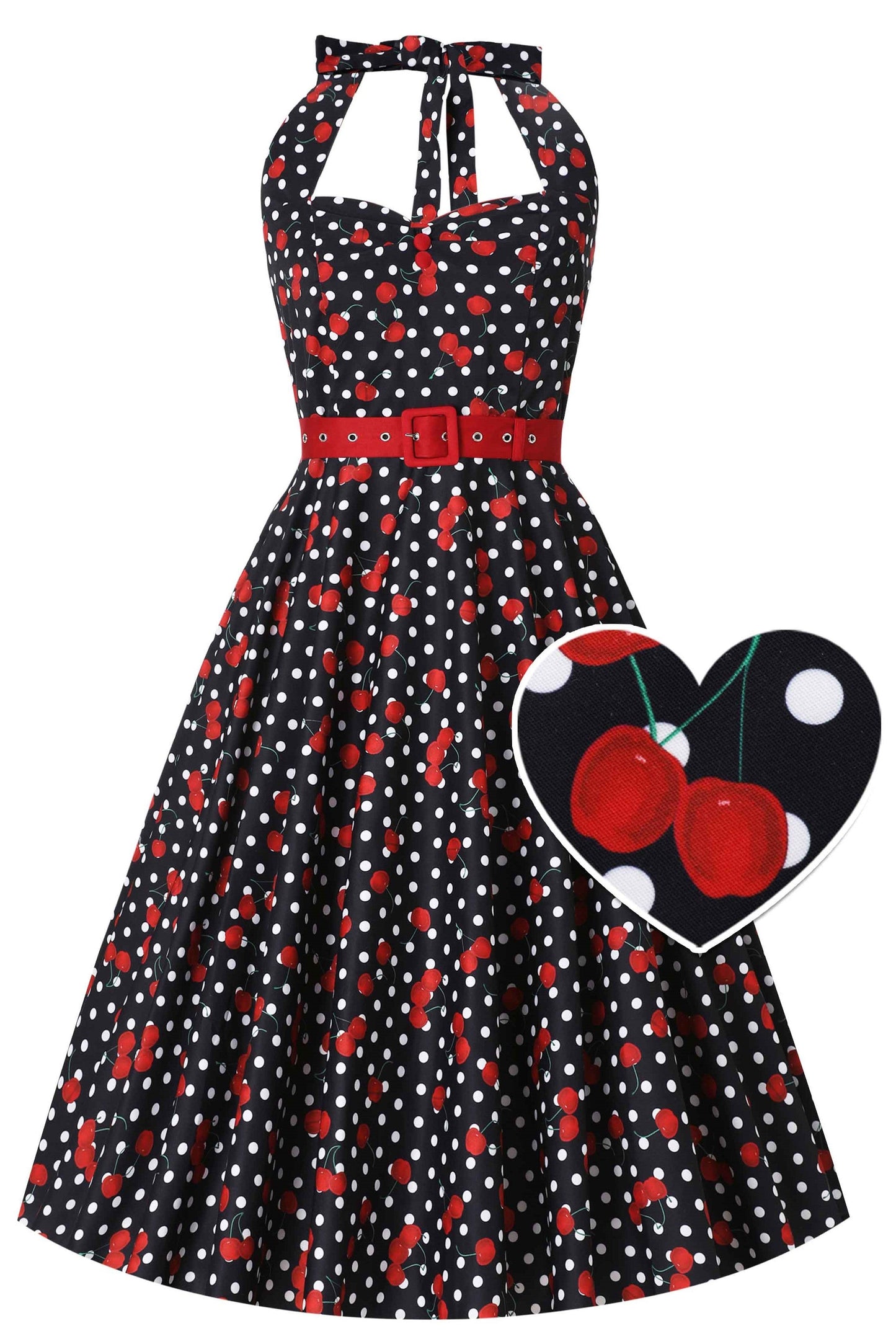 Daisy Rockabilly Cherry Halter Dress in Black/Red