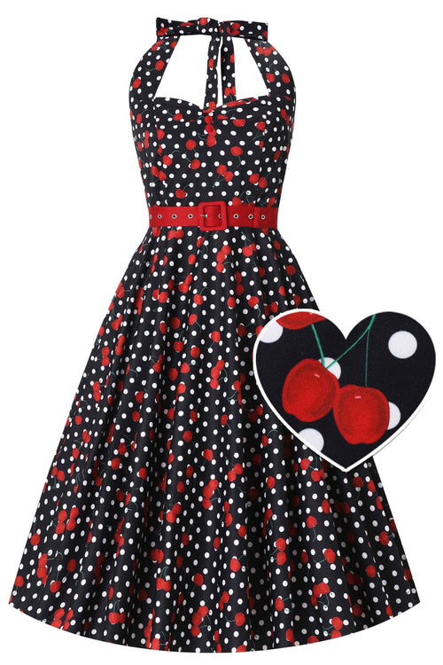 Daisy Rockabilly Cherry Halter Dress in Black/Red