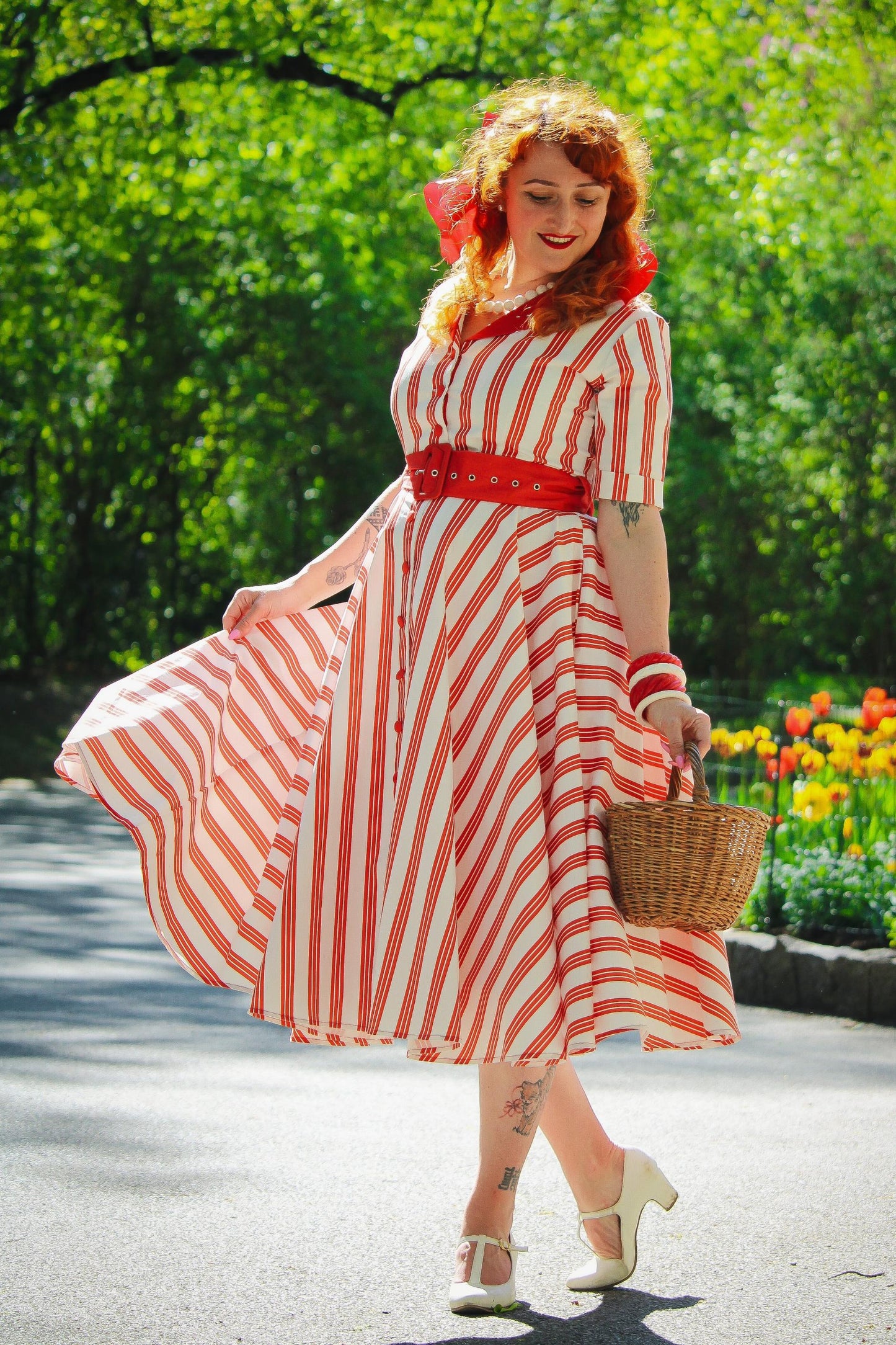 Mollie Red Striped Full Circle Shirt Dress