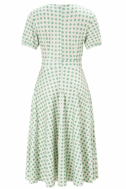 Julia 40s Green Midi Dress In Geometric Diamond Print