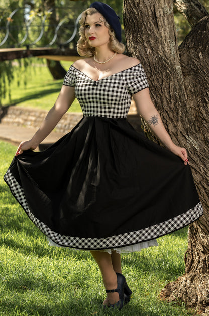Lily Off Shoulder Black/White Gingham Swing Dress