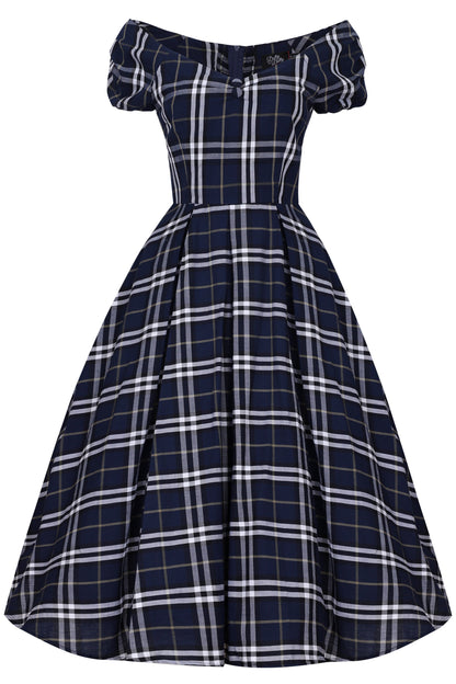 Lily Dark Blue Tartan Off Shoulder Swing Dress