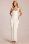 Square-Neck Tie-Gather Maxi Dress in Ivory