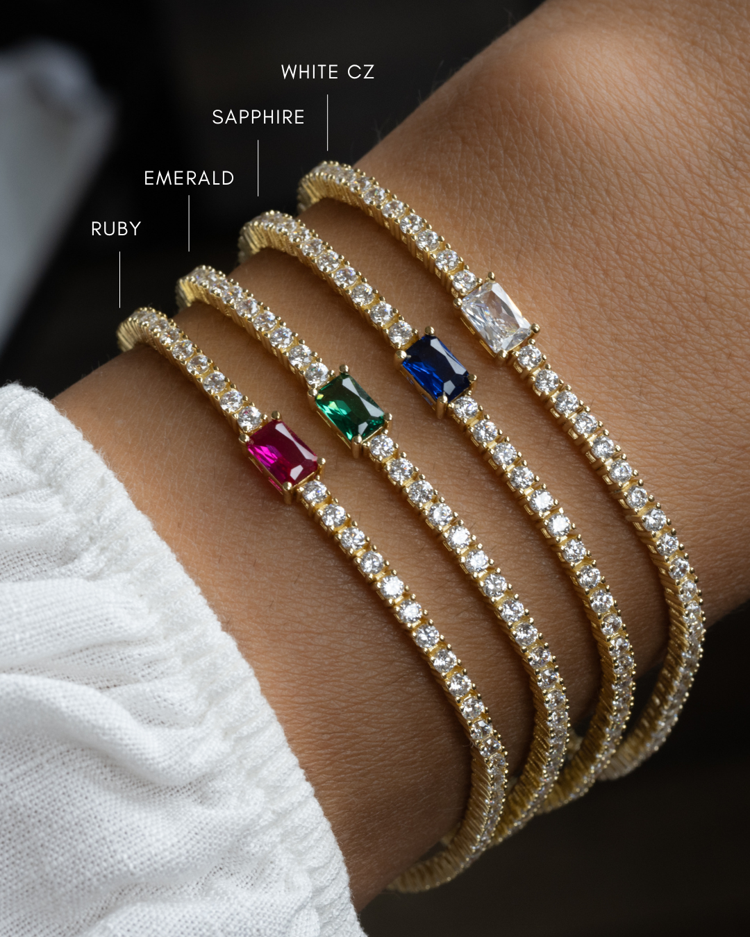 Tennis Bracelet with Ruby Baguette Charm