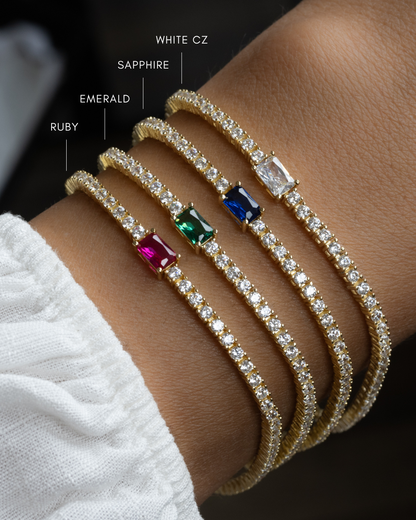 Tennis Bracelet with Ruby Baguette Charm