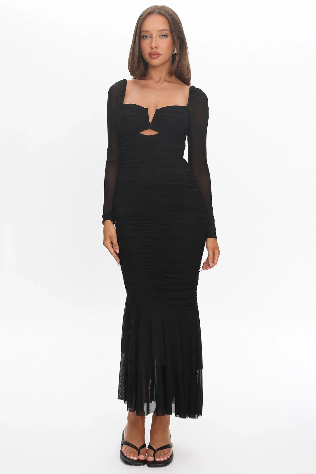 Nadia Long Sleeve Fishtail Midi Dress Black