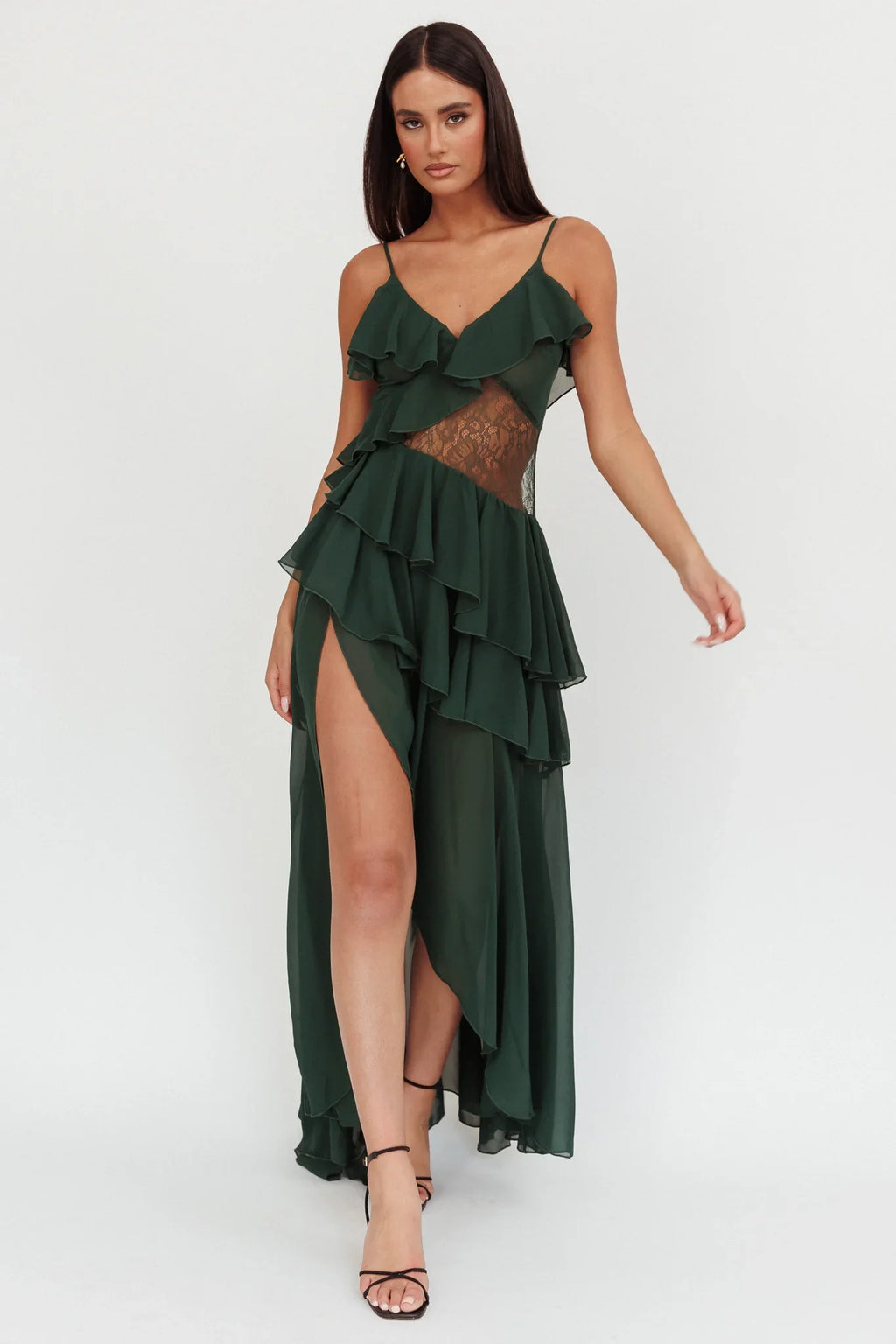 Amaretto Lace Waist Ruffle Maxi Dress Hunter Green