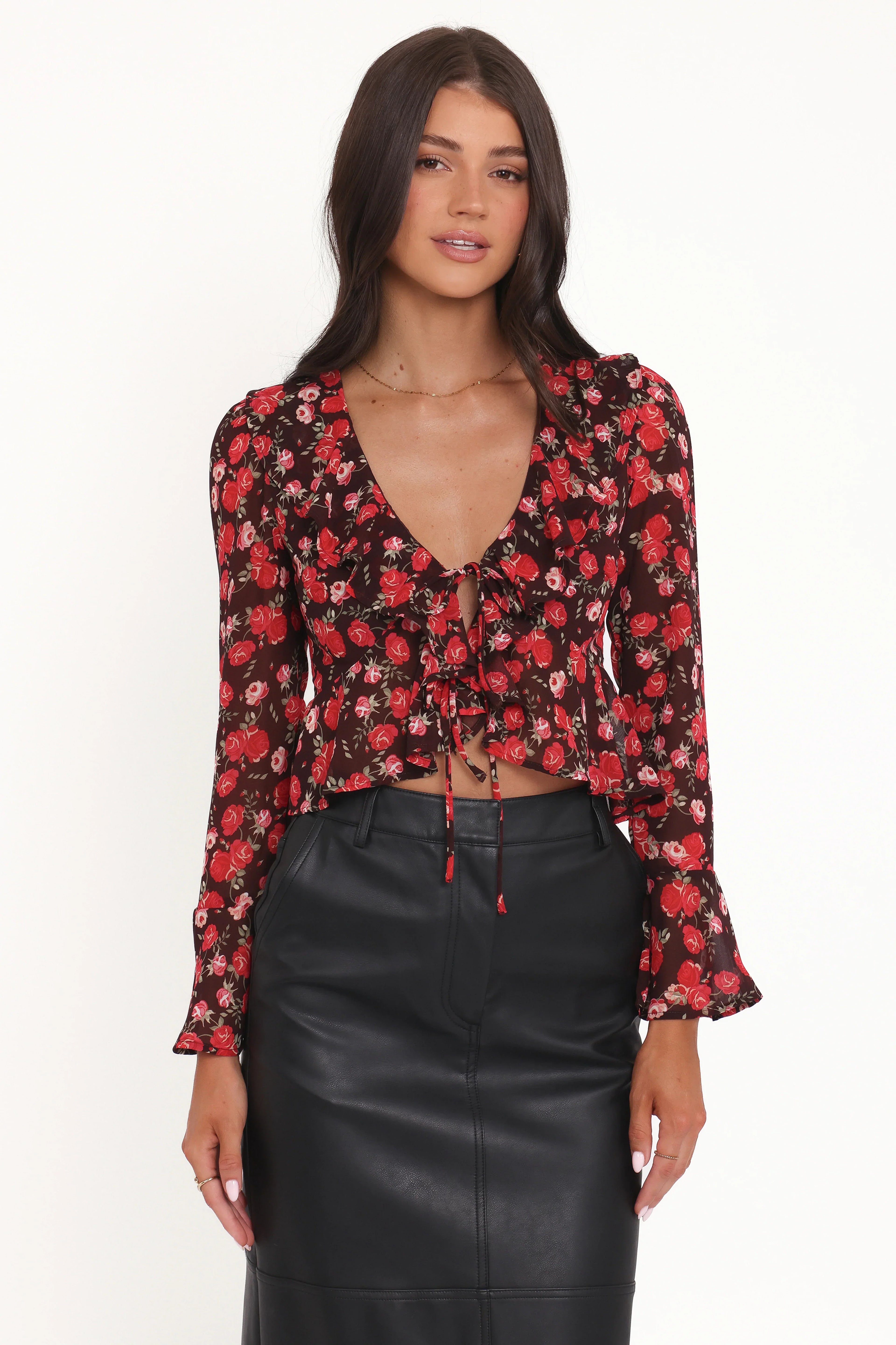 Aveline Chiffon Ruffle Front Top - Brown Floral