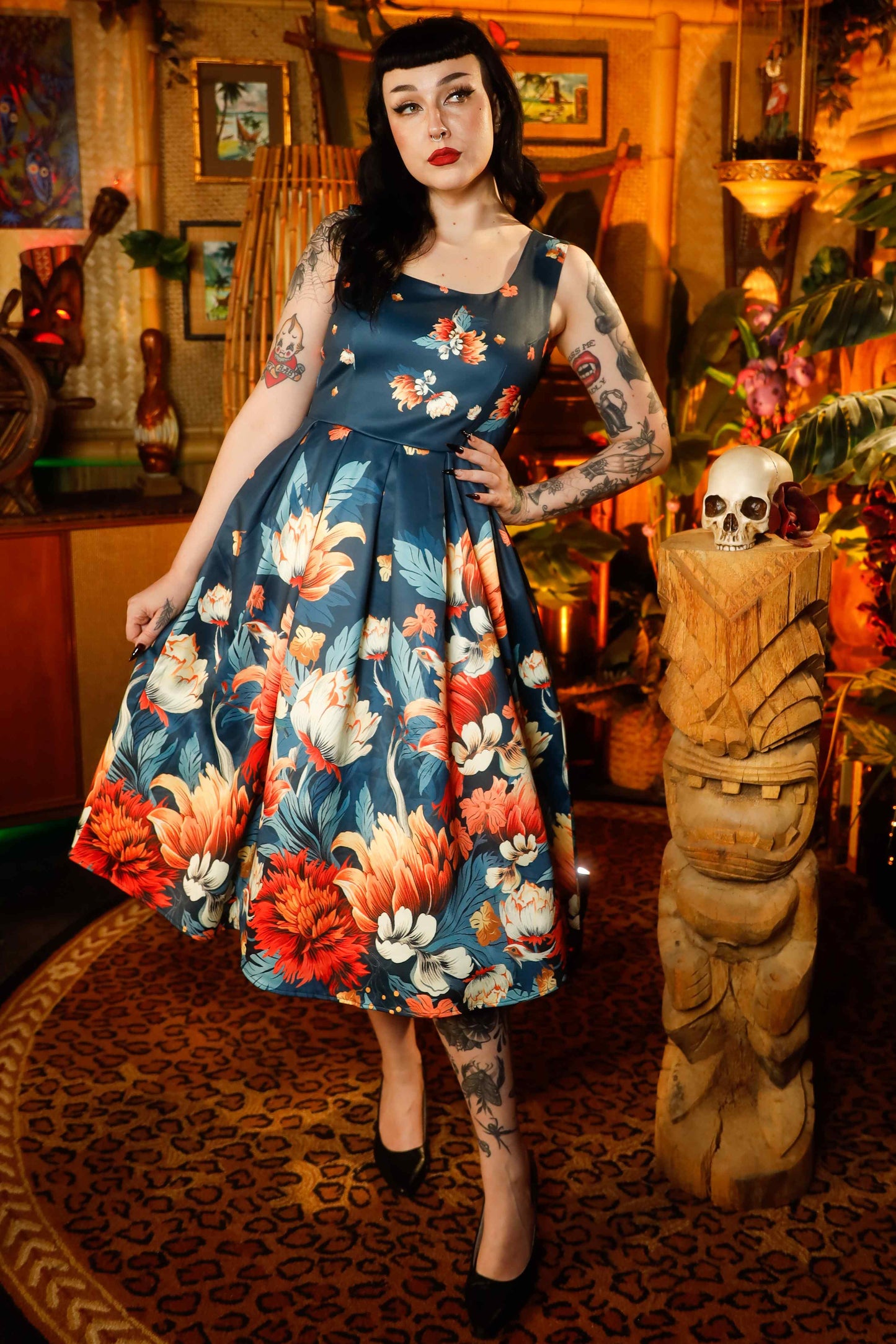 Amanda Dark Blue Flower Garden Swing Dress