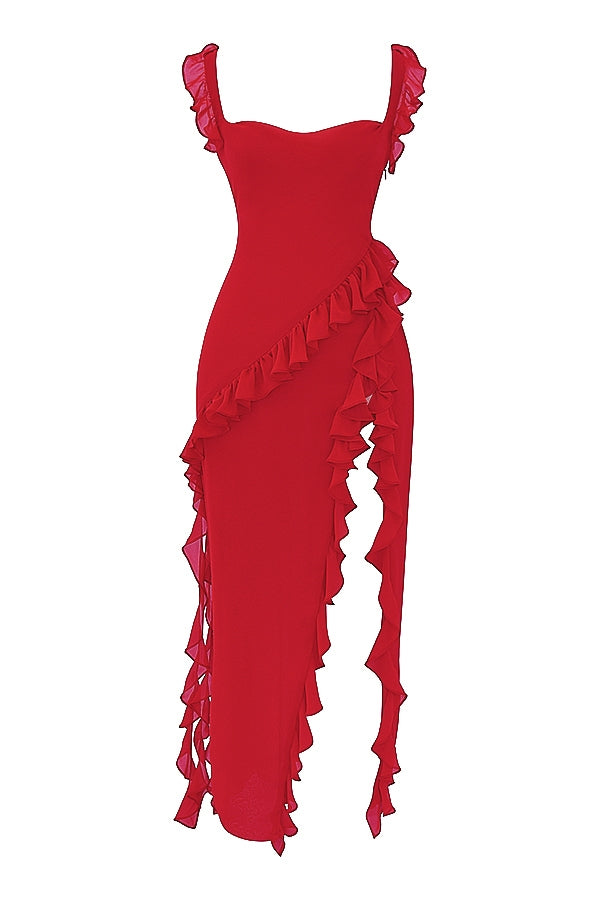 cherry ruffle maxi dress