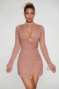 Embellished Wrap Over A-Line Mini Dress in Beige