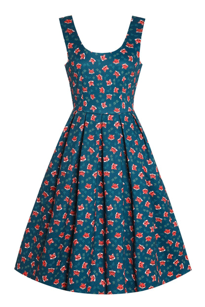 Amanda Pleated Retro Dress in Dark Blue Fox Print