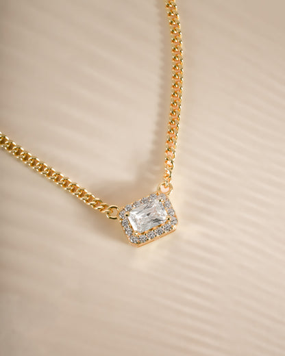 Halo Emerald Cut Necklace on Cuban Chain