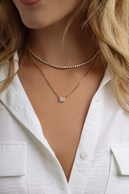 Halo Emerald Cut Necklace on Cuban Chain