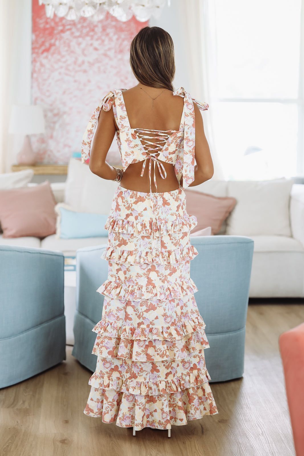 Spring Muse Print Ruffle Maxi Skirt - Coral