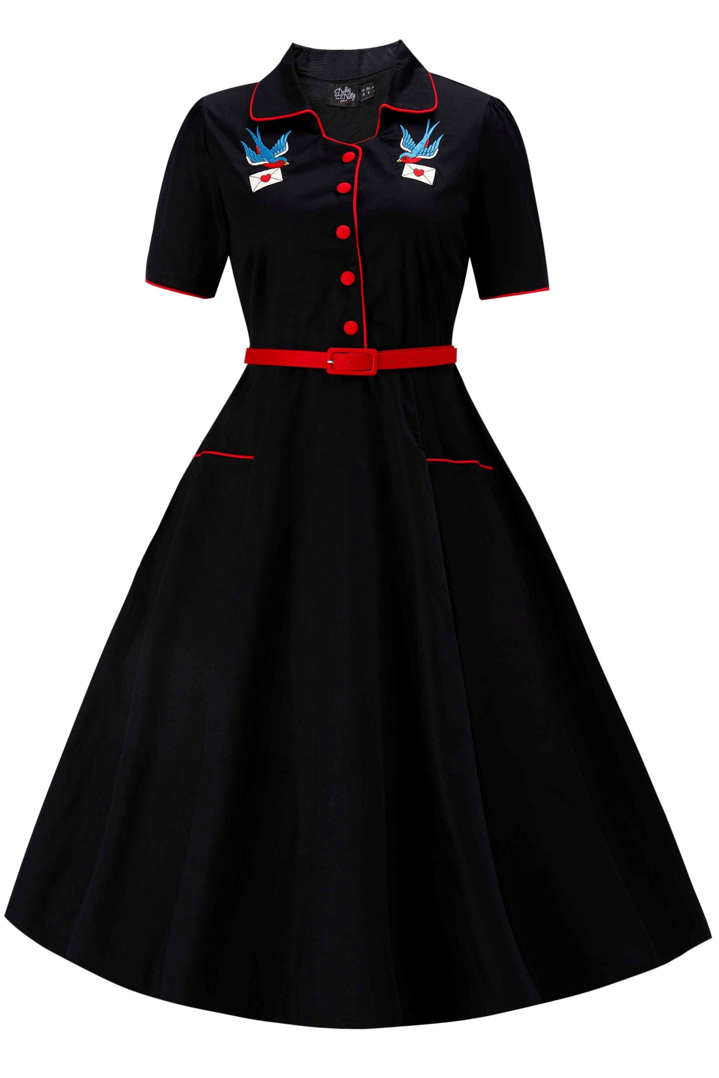 Mabel Rockabilly Midi Shirt Dress With Swallow Embroidery