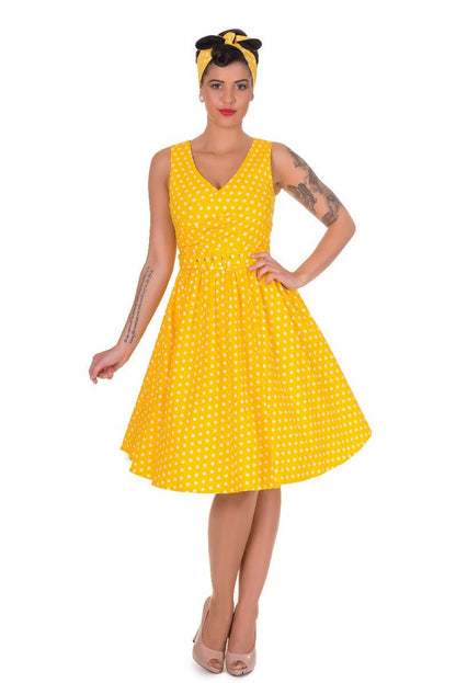 May Crossover Bust Yellow Polka Dot Swing Dress