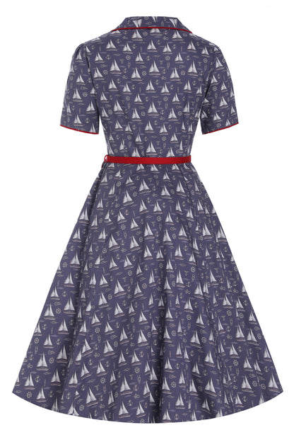 Penelope Nautical Sailboat Shirt Dress in Navy Blue