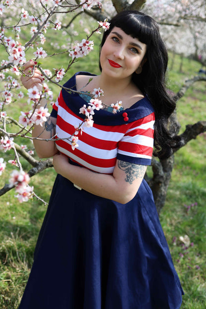 Darlene Nautical Swing Dress in Navy with Red & White Stripes