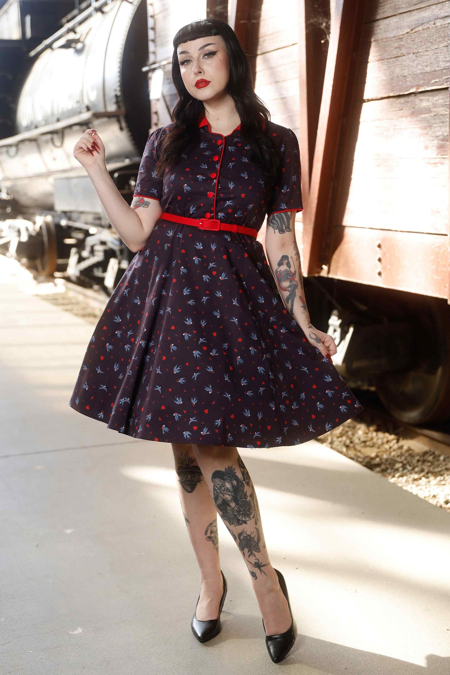 Penelope Navy Blue Swallow Shirt Dress