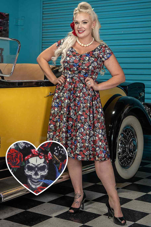 Lily Off Shoulder 50s Rockabilly Skull Dress