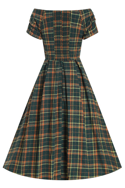 Lily Off Shoulder Green Tartan Check Circle Dress