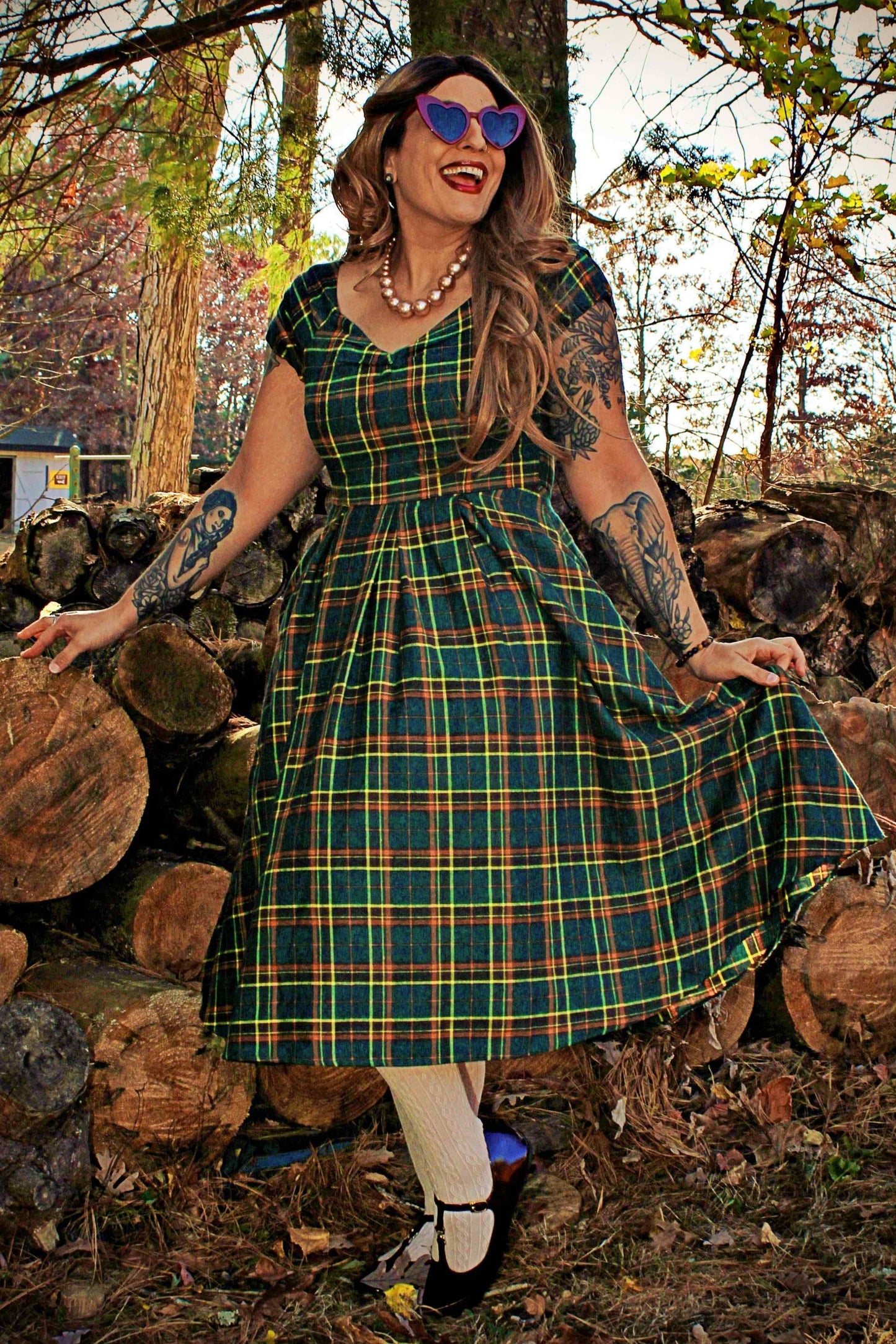 Lily Off Shoulder Green Tartan Check Circle Dress