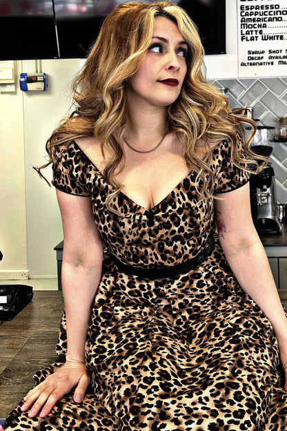 Lily Off-Shoulder Swing Dress in Brown Leopard Print