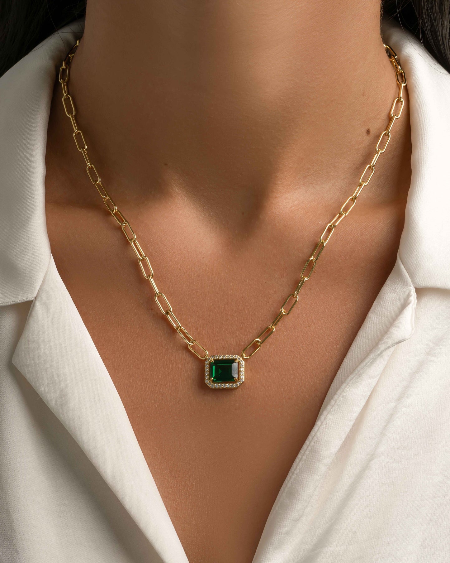 Paperclip Emerald Pendant Necklace