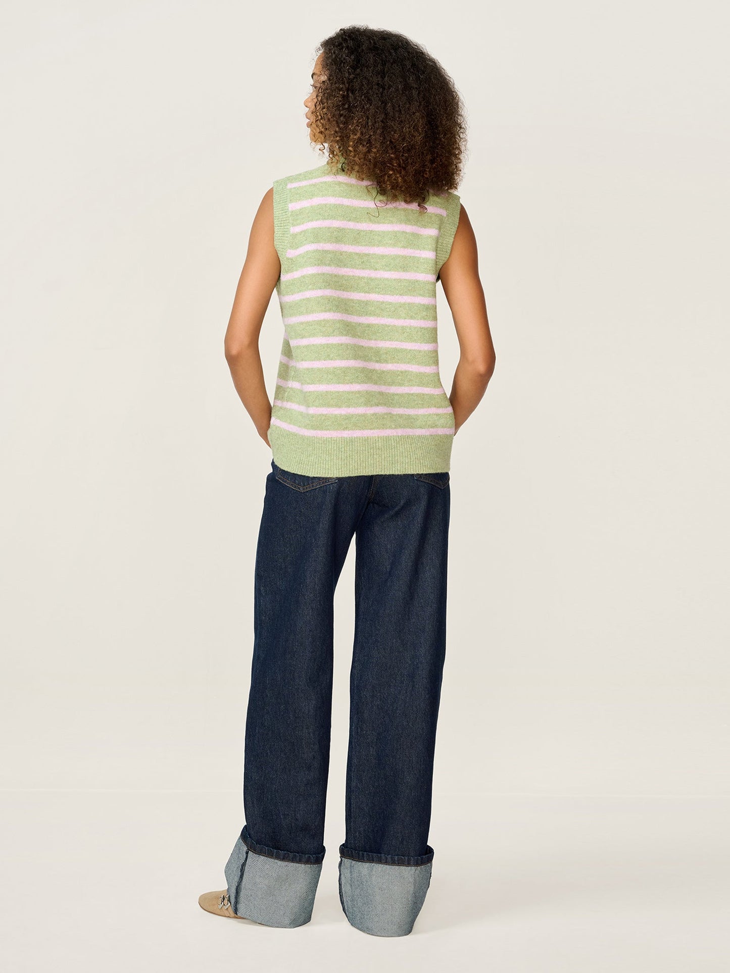 Pauli Funnel Neck Stripe Vest in Green and Pink