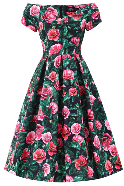Lily Pink Camellia Off Shoulder Dress In Black