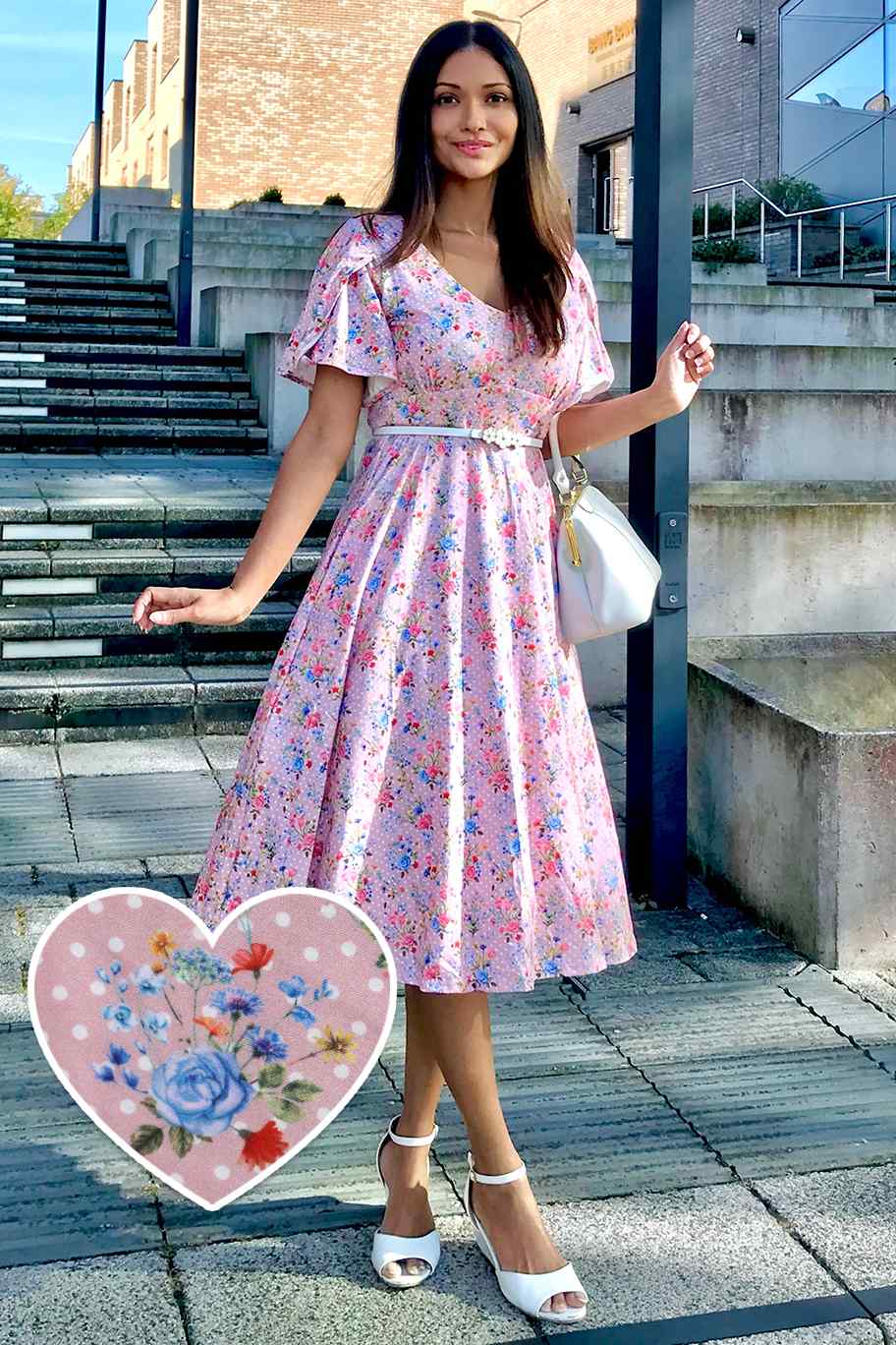 Janice Pink Floral Polka Dot Petal Sleeve Dress