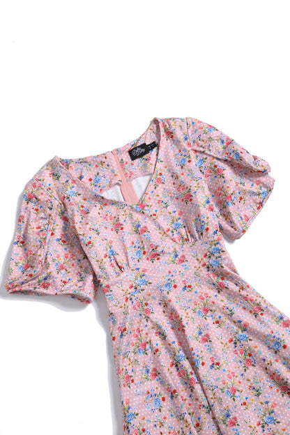 Janice Pink Floral Polka Dot Petal Sleeve Dress