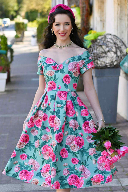 Lily Pink Peony Off Shoulder Dress In Mint Green