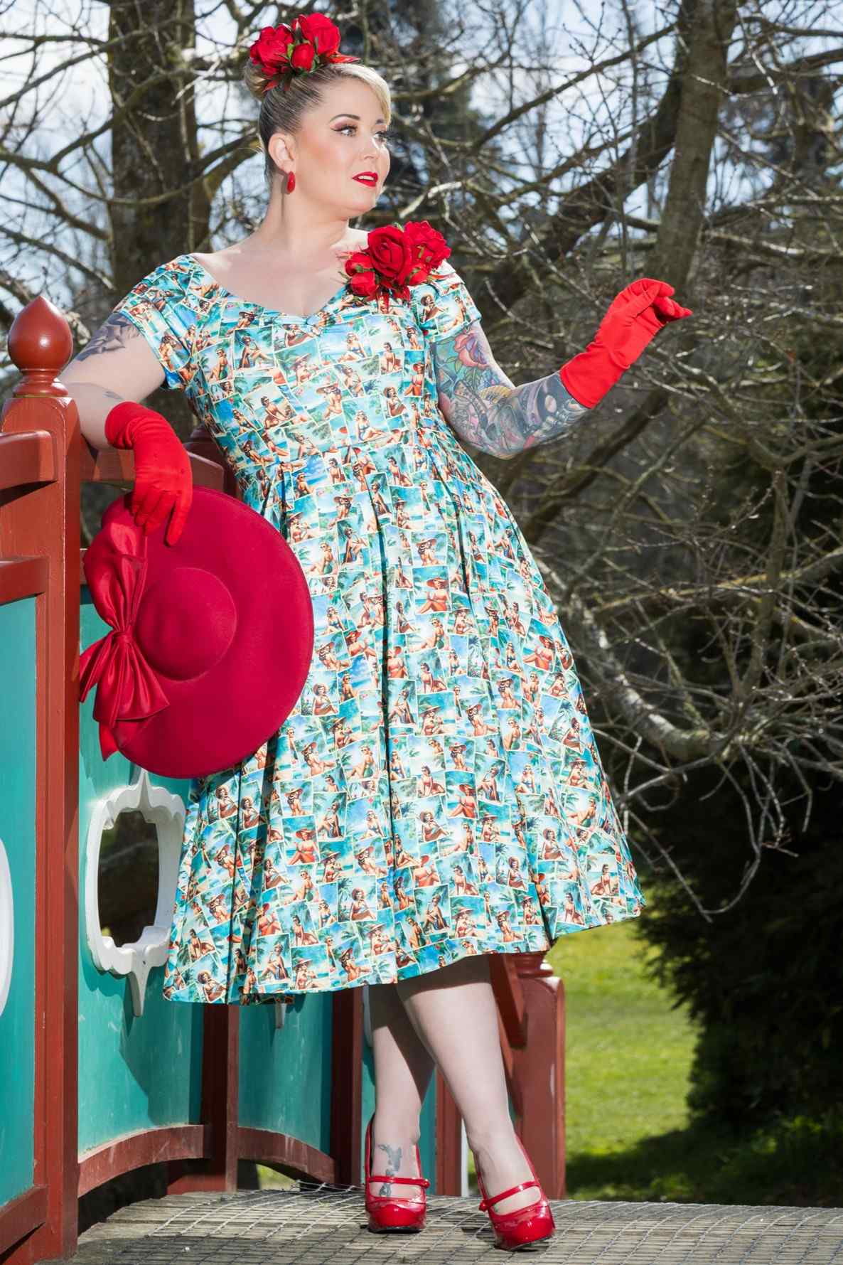 Lily Pinup Postcard Off Shoulder Dress