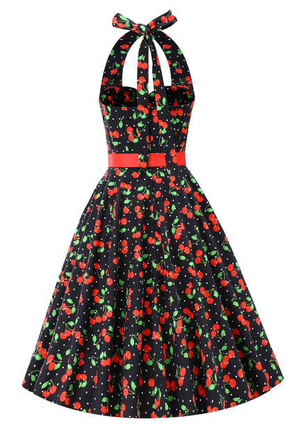 Daisy Red Cherry Halter Dress In Black