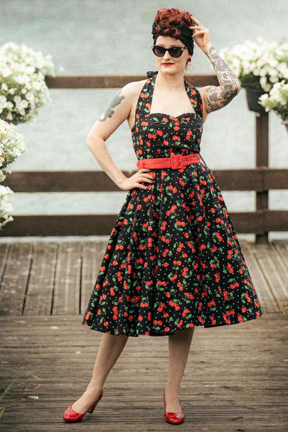 Daisy Red Cherry Halter Dress In Black