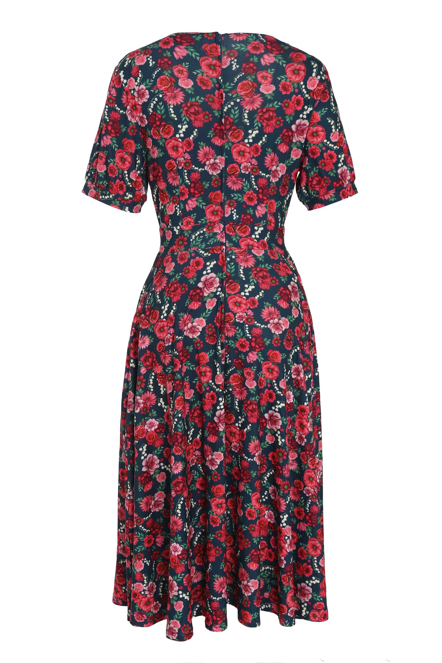 Julia Red Floral Midi Dress In Petrol Blue
