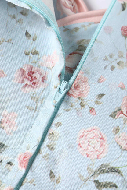 Grace Pleated Bust Dress in Baby Blue/Pink Floral Print