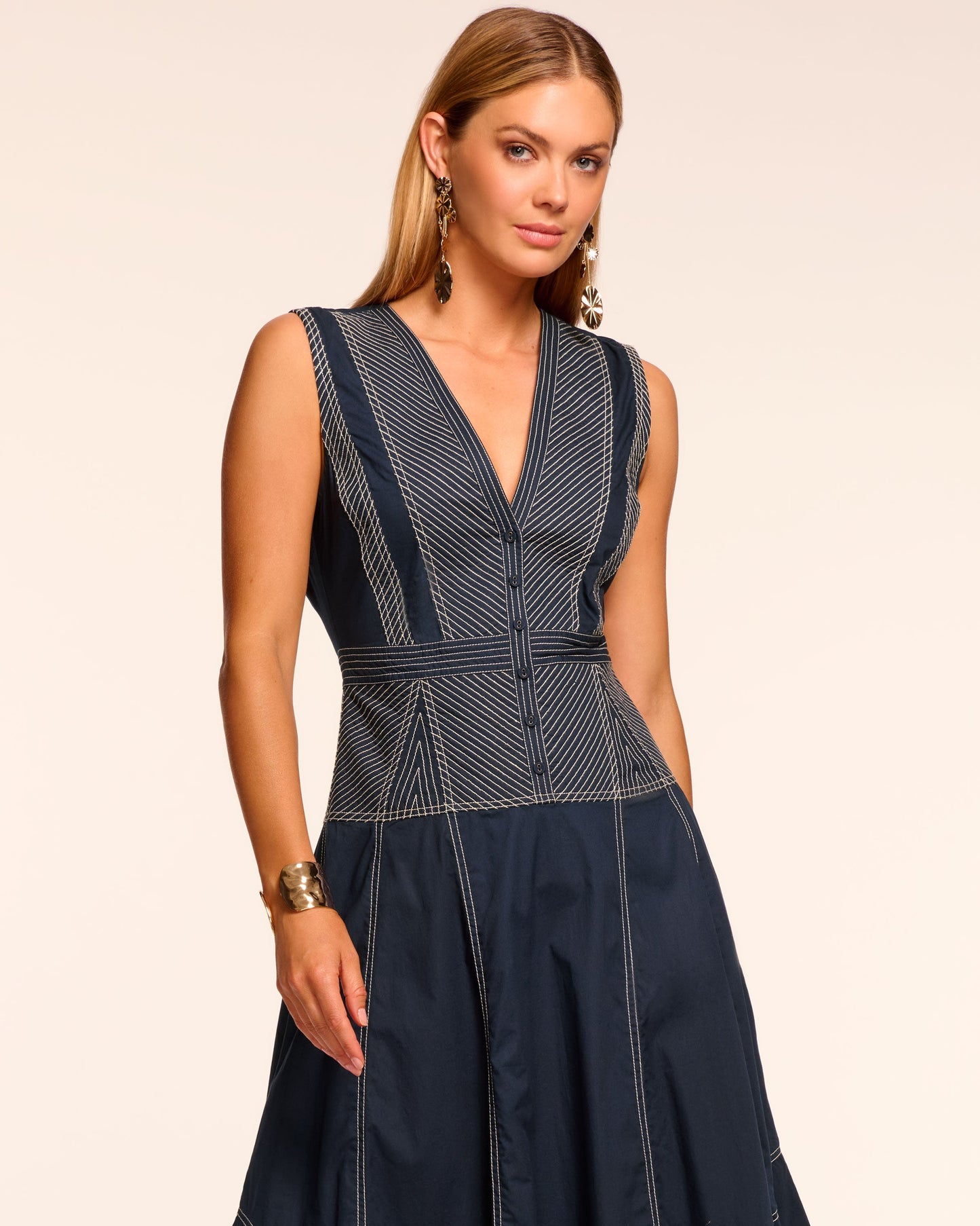 Grega Cotton Poplin V-Neck Midi Dress