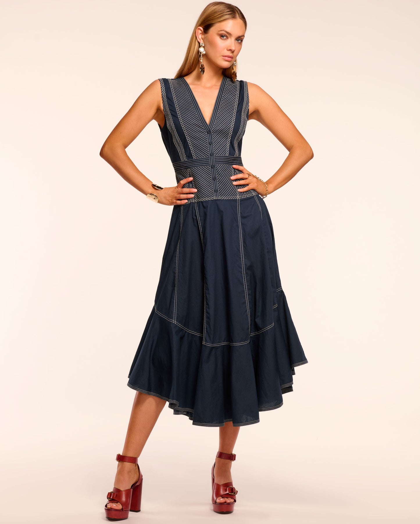 Grega Cotton Poplin V-Neck Midi Dress